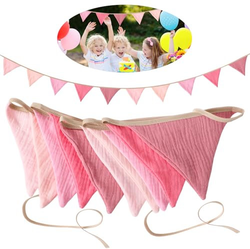 SUNtoys Banderines de tela, 2,8 m, para habitación infantil, guirnalda de banderines para habitación infantil, cumpleaños, muselina, decoración de cumpleaños infantiles, longitud de 280 cm, guirnalda