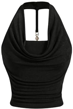 GORGLITTER Women's Cowl Neck Ruched Halter Top Draped Metal Decor Slim Fit Elegant Tops Black Medium