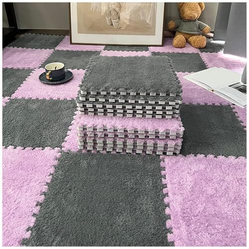 Weiche, flauschige Schaumstoff-Teppichfliesen, 30 Stück, ineinandergreifende Puzzle-Bodenmatten für Heimwerker-Bereiche, Plüsch und nahtlos mit Bordüren