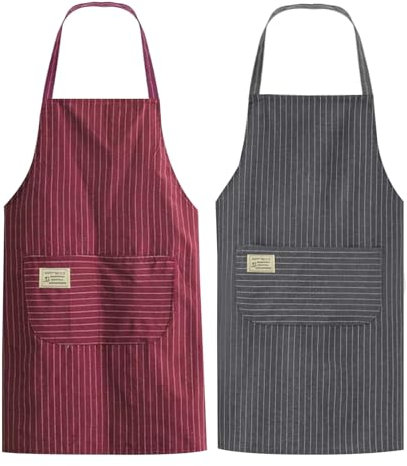 Mokaskaidj 2 Piezas Delantal Cocina Mujer, Delantales de Algodón por Rejilla a Rayas, Delantal de Cocina Antiincrustante con Bolsillo, Delantales Ajustables para Cocina Restaurante Bbq Jardín, Unisexo