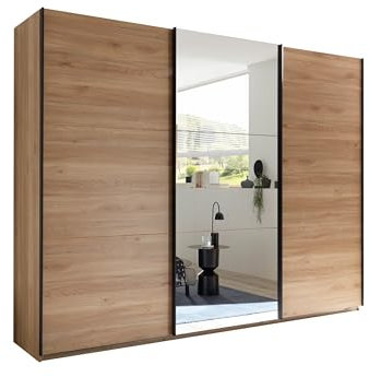 möbelando Schiebetürenschrank >Bravo< Bravo Kleiderschrank Schwebetürenschrank 3-TRG. mit Spiegel - Vielseitiger Schwebetürenschrank mit Stauraum Mauvella Oak/Graphit 270x210x60 (B/H/T)