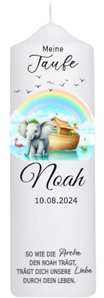 Taufkerze Mädchen oder für Jungen mit Taufspruch, Arche Noah -Meer 25 cm x 8 cm, personalisierte Kerze, bedruckte Kerze zur Taufe, Stumpenkerze zur Taufe, Taufgeschenk,Patenkerze