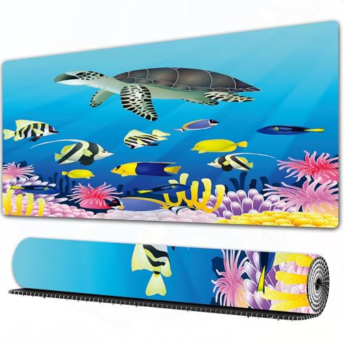 FEHWI Mauspad 80×30 cm Verlängertes großes Mauspad Schreibtischauflage,Unterwasserlandschaft mit Schildkröte und Fisch,genähte Kanten Gaming Mauspad,rutschfeste Gummibasis