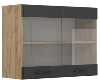 Vicco Küchenglasschrank R-Line, Anthrazit Landhaus, 80 cm | MDF-Front · 1 Einlegeboden · Tiefe – 31 cm · Metallgriffe · ✓ Alles im Blick