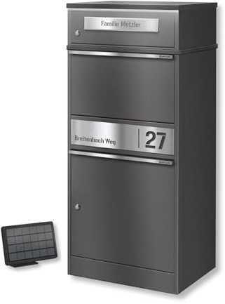 Metzler Scatola per pacchi con cassetta postale – Illuminazione LED solare, con incisione personalizzata inclusa (nome, numero civico), acciaio DB 703 Glimmer di Ferro – Modello Bispo 2