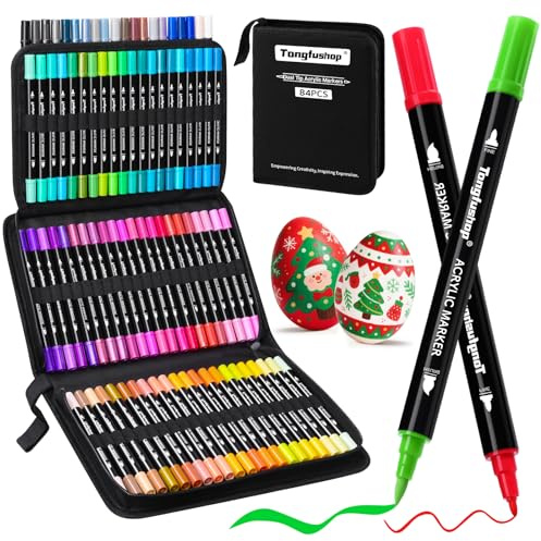 Tongfushop 84 Colores Rotuladores Acrilicos, Marcadores Acrilicos Doble Punta, Rotuladores de Pintura Acrílica para Adultos, Acrylic Markers para Pintar, Roca, Cristal, Cerámica, Plastico, Tela, Metal