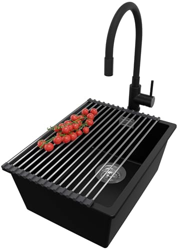 PRIMAGRAN Fregadero bajo Encimera al Mueble 40cm + Grifo, 36x47cm | Set: Grifo BW6020 + Kit de desagüe + Enrollable Escurridor + London 1 Seno Granito, Negro