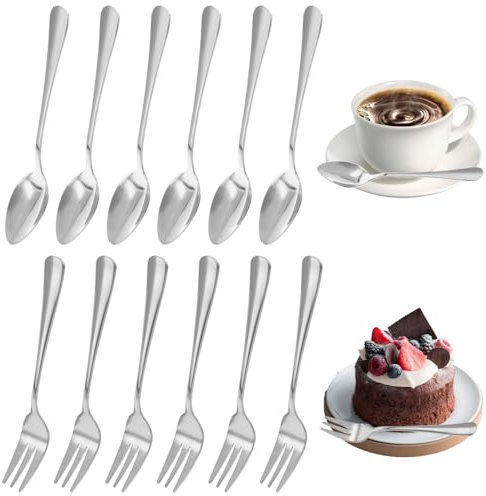 GOIYZTTR Lot de 24 Petites Cuillères et Fourchettes à Gâteau en Acier Inoxydable Fourchettes à Gâteau et Cuillères à Café Argent 12 Cuillères à Soupe et 12 Fourchettes, Lavable au Lave-vaisselle