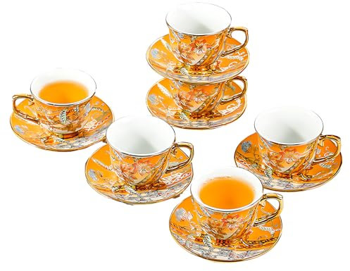 Service à Thé en Porcelaine, Style Anglais Vintage, avec Liseré Doré – Ensemble de Tasses à Thé/Café Floral pour 6 Personnes avec Théière, Soucoupes et Plateau – Cadeau Élégant pour Femmes