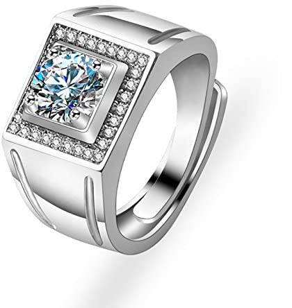Lirzxin Hochzeit Ring 585 Gold Herren 14 Karat, Verlobung Ring Männer Verstellbar Breit Quadratisch Design mit Rund Moissanit Partnerringe Weißgold Gr. 62 (19.7)
