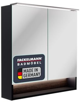 FACKELMANN B.Paris Spiegelschrank – Moderner Spiegelschrank in schwarz mit LED-Beleuchtung und USB-Anschlüssen, 70 cm breit, Zwei Türen mit Innenspiegeln – Made in Germany