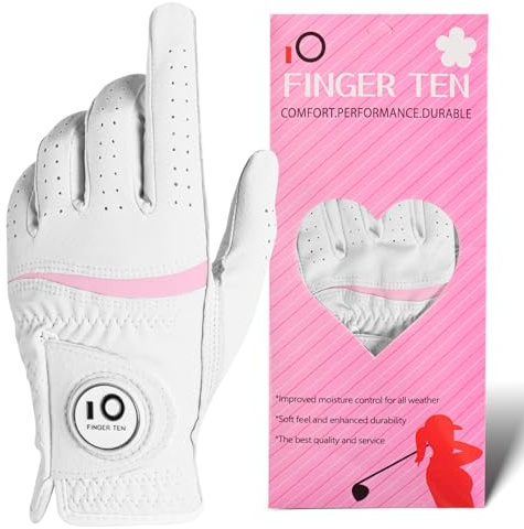 FINGER TEN Golf Gloves Women with Ball Marker 1 Pack | Left & Right Hand Options Available,Leather Palm Enhanced Grip for Control,Breathable Design for Women's Comfort