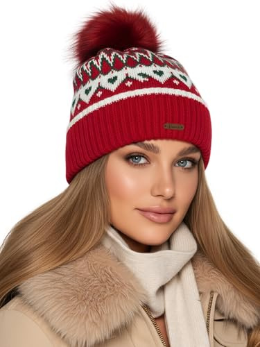 Baesics Bommelmütze Damen Herren - Herz Wintermütze Kunstfell Bommel warm | Mit flauschigem Pompon und weichem Fleecefutter, Größe ca. 54-58 cm, Strick aus der EU. Warm für Herbst, Winter und als