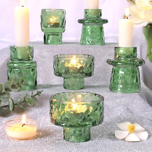LETINE 6 Stück 2 in 1 Grün Kerzenhalter für Stabkerzen und Teelichter | Dickes Glas Kerzenständer, Kerzenständer Glas, Hochwertig Teelichtgläser für Heimdekoration, Partys, Festivals, Hochzeiten