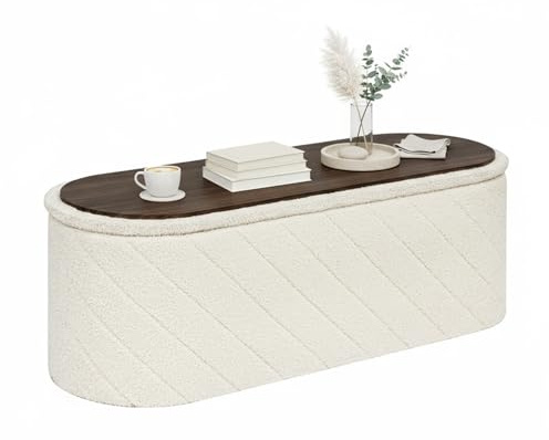 Bonlife Banco otomano Ovalado con Espacio de Almacenamiento, reposapiés Plegable con Tapa, Banco Boucle Bank para pie de Cama, Taburete para salón, Dormitorio, Entrada, Blanco, 110 x 38 x 38 cm