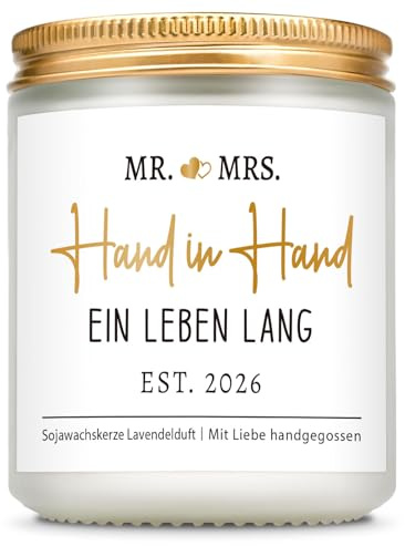 Giftasy Hochzeitsgeschenke für Brautpaar - Duftkerze mit Spruch, Hochzeitsgeschenke, Hochzeit 2026, Geschenk Hochzeit, HAND IN HAND EIN LEBEN LANG