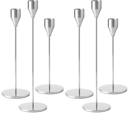 Druuzyl 6 Candelabros Plata para Velas 33/29/23cm - Juego de Portavelas Vintage para Bodas y Cenas Románticas - Decoración de Mesa Elegante para Aniversarios y Fiestas (Plata)