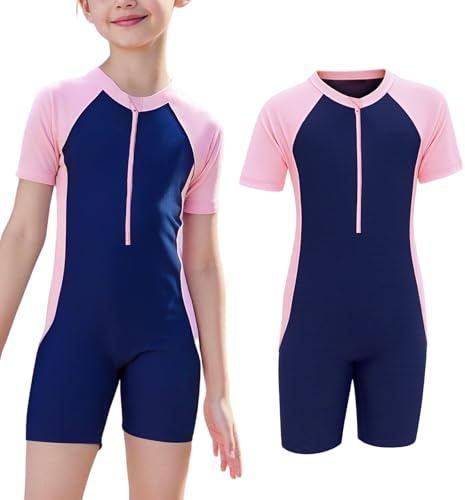 viiotu Kids Swimming Costume for Girls Boys, One Piece Short Sleeve Swim Suit Kid, UPF 50+ Sun Protection Kids Swimwear Bathing Suits Zipper 3-13Y (UK, Age, 4 Years, 6 Years, Regular, Pink)