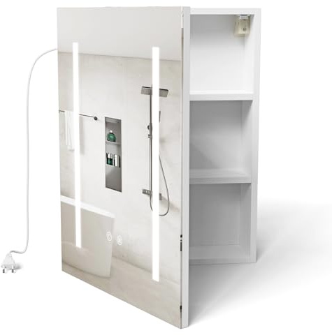 Supfine Spiegelschrank Bad mit LED Beleuchtung, MDF Weiß, 3-Farbige Beleuchtung mit Berührungssteuerung, Verstellbare Einlegeböden, Steckdose und Lichtschalter, Antibeschlag (60x80x15 cm)