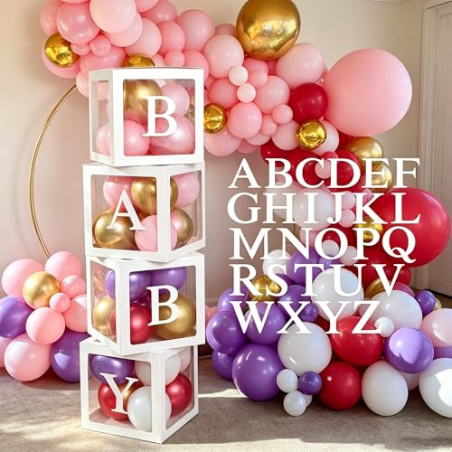 4PCS Balloon Boxes with 30 Letters (BABY+A-Z), Custom Baby Box for Baby Shower Decoration Neutral, Gender Reveal Box with White Balloons Boxes & Letter for Birthday Party, Christening, Prom