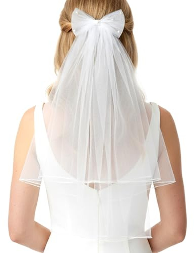 58cm Brautschleier Kurz, Schleier Braut mit Schleife, Bridal Veil, Wedding Veil, Junggesellinnenabschied für Hochzeiten, Erstkommunion, Verlobungen, Bälle, Partys, Auftritte
