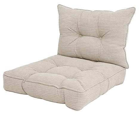 POKAR Stuhlkissen 2er Set 1x Sitzkissen 60x60x10 cm + 1x Rückenlehne 60x40x10 cm | Loungekissen aus Cord | Auflagen für Gartenstuhl und Rattanmöbel | Öko Tex Zertifiziert | Made In EU | Elfenbein