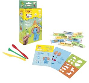 Jovi - Play&Fun JURASSIC Dinosaurier Knete Set, 10 Tabletten à 15 g, 2 Schablonen mit Ausschnitten und 3 Modellierwerkzeuge, Geschenke und Bastelarbeiten für Kinder ab 3 Jahren