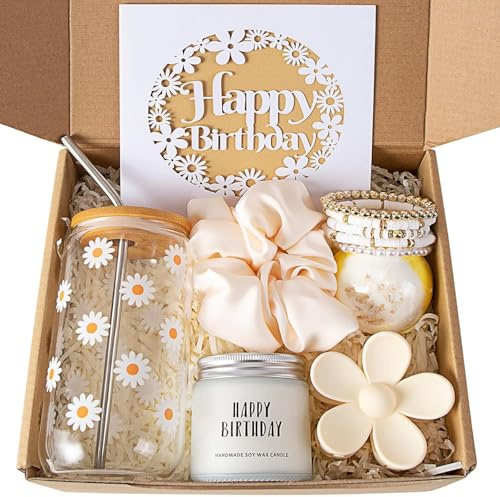 Sideroly Birthday Gift Box 7PCS Cute Daisy Glass Cup for Women & Teen Girls | Happy Birthday Gifts for Girl,Pamper Gift for Women,Cute Present for Teen Girl,Girlfriend,Sister,Daughter,Best Friend