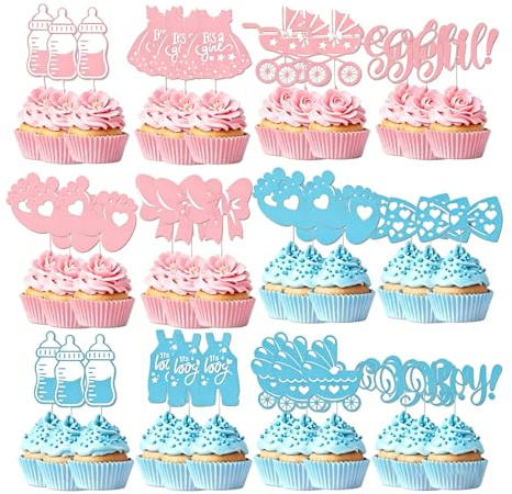 Gender Reveal Cake Toppers, Baby Shower Cake Topper, 36Pcs, Pink and Blue | Smooth Cardstock, Pre-Assembled Sticks, Pink Blue Scheme, Suitable for Gender Reveal Parties and Baby Showers