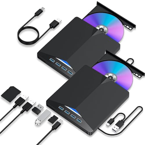 Lettore CD DVD esterno 7 in 1, USB 3.0 tipo A e C, masterizzatore portatile CD/DVD RW ROM con SD TF e 4 porte USB, giochi, musica, lettore DVD ottico sottile per laptop, MacBook Pro Air PC (nero × 2)