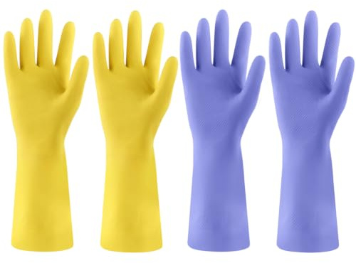 FCTTD Rubber Kitchen Dishwashing Gloves - 4 Pairs Colorful Reusable Cleaning Gloves for Kitchen Washing Dishes and Household Cleaning(XL, Yellow+Blue)