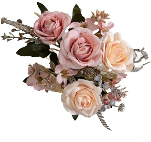 Konstgjord rosbukett för bröllop heminredning, verklighetstrogen duk falska blommor, elegant blomsterarrangemang väggdisplay fest mittpunkt fotografi (djuprosa)
