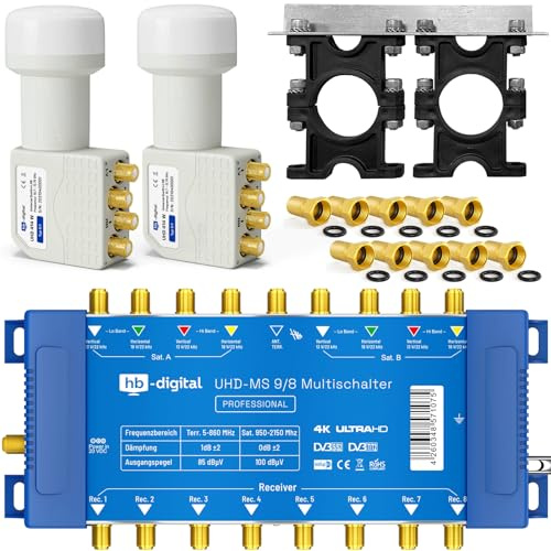 HB-DIGITAL Set: 2X Quattro LNB + Multischalter pmse 9/8 HB-DIGITAL 9X SAT bis 8 x Teilnehmer/Receiver für Full HDTV 3D 4K UHD mit Netzteil + 30 Vergoldete F-Stecker Gratis dazu
