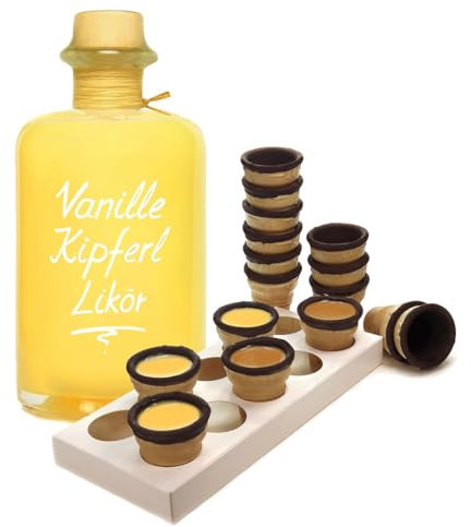 Vanille Kipferl Likör 0,5L Sämig & süffig mit 8 Schoko Waffelbechern & Becherhalter 17% Vol Sahnelikör Geschenk