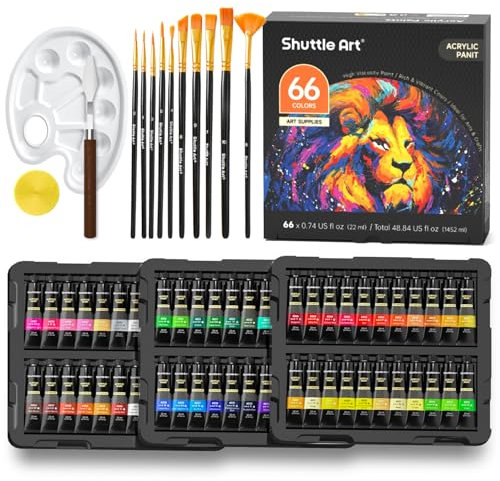 Shuttle Art 82PCS Kit Peinture Acrylique, 66 Tubes Peinture Acrylique (22ml) avec 10 Pinceaux, Set Peinture Pigments Riches pour Adulte, Peinture sur Toile