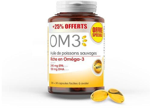 SUPERDIET OM3 - Oméga 3-1500 mg d'huile de poisson sauvages - FORMAT PROMO +25% offert - 120 capsules + 30 offertes