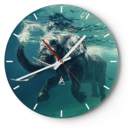 Modern Wanduhr Elefant Tier Wasser 40x40cm Rund Groß Wand Uhr Glas Analog Zimmeruhren Küche Büro Wohnzimmer Glasuhr Wall Clock Dekoration Design Wanddekoration Küchenuhr C3AR40x40-3944