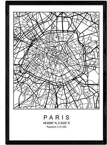 Nacnic Stampa mappa della città stile scandinavo Parigi in bianco e nero. Fotogramma A4 carta stampata No 250 gr. Dipinti, stampe e manifesti per soggiorno e camera da letto