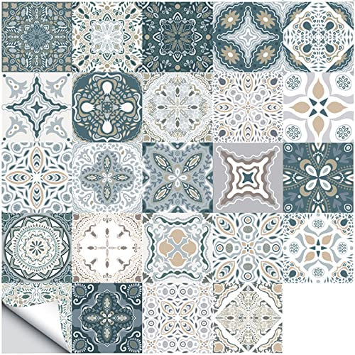Umelee Pegatinas de Baldosas 24 Piezas, Pegatinas Autoadhesivas para Azulejos de Pared, Adhesivos Marroquíes Impermeables para Decoración DIY de Cocina Baño Dormitorio (24 Piezas, 15×15cm)