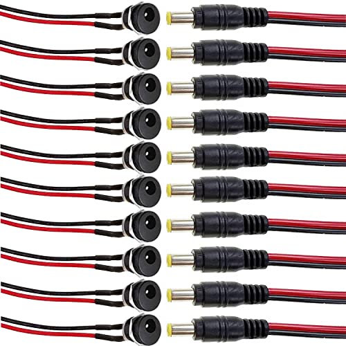 RUNCCI-YUN 18AWG 12V 5A DC Panel Mount Stecker, 12V DC Verbinder 5,5 mm x 2,5 mm, DC-Hohlstecker + 5,5 mm x 2,5 mm DC Power Jack Socket mit Kabel, für Audio/Video/Überwachungskameras