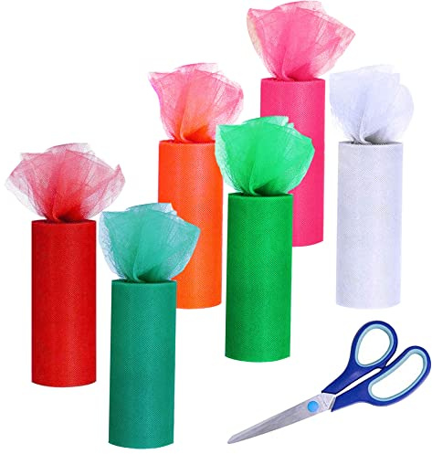 Allazone 6 farbige Tüllstoffspulenband, Tüllstoffbänder, Rollen, 15,2 cm x 22,7 m, grün-rot, Regenbogen-Tüllrollen, Tüllnetz-Rollen mit Nähschere für Weihnachten, Party, Dekoration, Nähen, Basteln