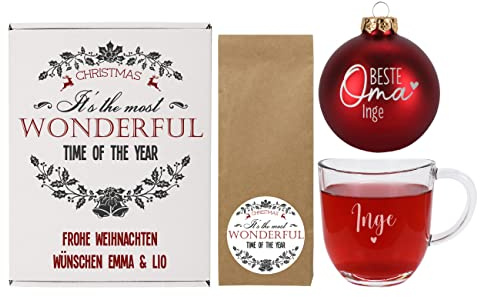 Herz & Heim® Geschenkset zu Weihnachten für die beste Oma/gravierte Christbaumkugel & Teeglas, 100g Früchtetee/mit Wunschname und -text