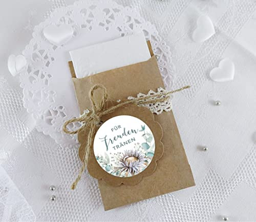 Set Freudentränen Eukalyptus Trockenblumen weiß grün zur Hochzeit 48 Sticker Aufkleber + 48 Flachbeutel 63 x 93 mm für Taschentücher Verpackung (Tüten + Sticker Eukalyptus grün braun)