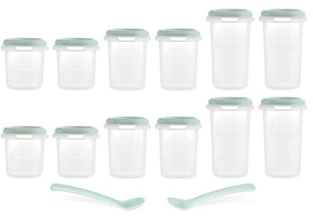 Miniland - Pack de 12 herméticos graduados (de 200, 250 y 330ml) y dos cucharas, seguros, resistentes y aptos para lavavajillas, microondas y congelador. Set 12 (Mint)