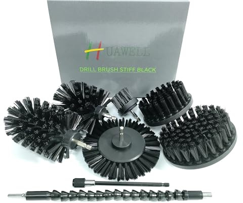 HUAWELL Schwarze Bohrbürste, ultrasteife Reinigungsbürste mit ausziehbarem Befestigungs-Set, Allzweck-Set für Badezimmeroberflächen, Fugen, Räucher, Grills, Boden(schwarz)
