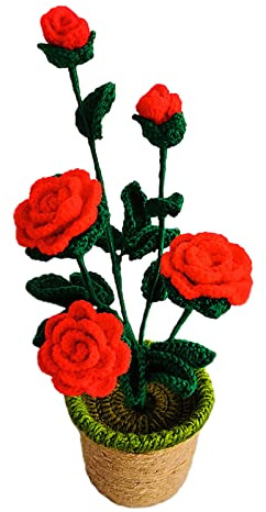 Wnvivi Fiori Bonsai all'Uncinetto, Fiori Fatti a Mano all'Uncinetto in Vaso, Rosa all'Uncinetto e Girasole e Campana Orchidea Pianta in Vaso per Decorazione da Tavolo(5 Rose)