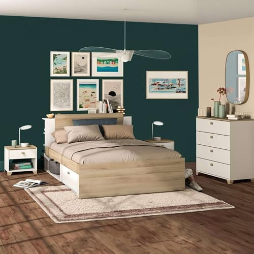 Miroytengo Dormitorio Principal Completo Izzy Color Blanco Mate y Roble Kronberg (Cama+cómoda+mesitas)