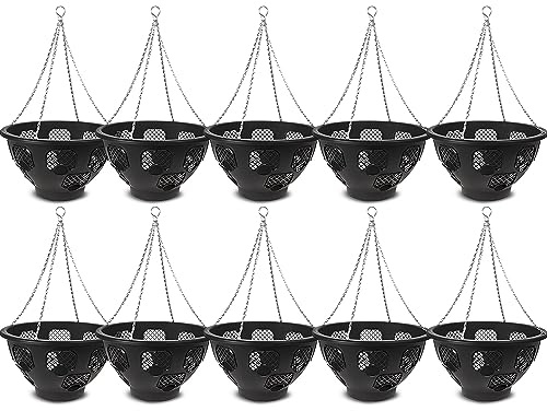 Easy Fill Set of 10 Hanging Basket - Original Easy Fill Hanging Plant Pots - 14 Inches Black Hanging Planters for Balcony, Indoor, or Outdoor - Plastic Hanging Basket for Herb, Flowers, or Plants