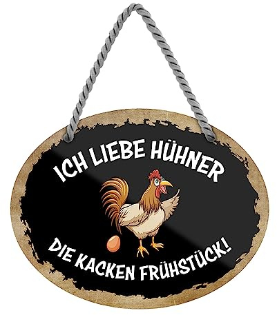 Ich liebe Hühner Blechschild - lustiges Metallschild für Hühnerhalter - Retro Deko Schild für Hühnerstall Hühnerpension - Hängeschild mit Kordel und Saugnapf - 18 cm x 12 cm