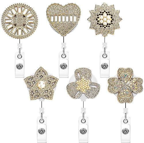 Soleebee Schlüsselanhänger Ausziehbar, Bling Strass Perlen Ausweis JoJo Einziehbarer Ausweishalter Schlüsselrolle, ID Name Badge Holder mit drehbarer Krokodilklemme für Kartenhalter (6Stk)